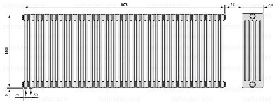 Схема (чертеж) Радиатор Zehnder Charleston 6150/43 №3370 Белый глянцевый RAL 9016